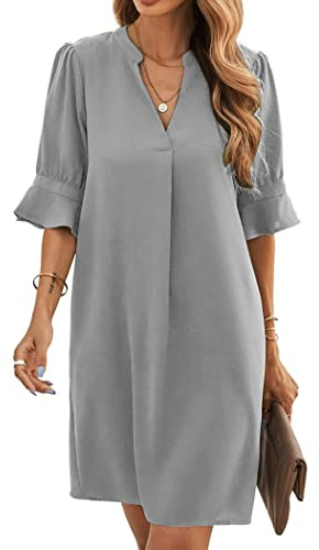 Famulily Robe chemise élégante et décontractée pour femme - Col en V - Manches courtes - Été - Couleur unie - Robe courte - Tailles S à XXL, gris, S
