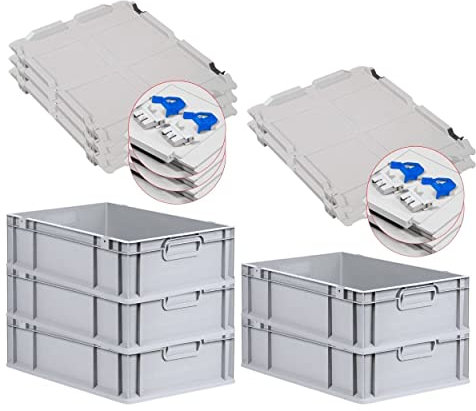 PROREGAL SuperSparSet 5x Eurobox NextGen Grip mit Scharnierdeckel und blauen Schiebeschnappverschlüssen, HxBxT 17x40x60cm, 34 L, Grau, Griffe geschlossen, Eurobehälter, Transportbox