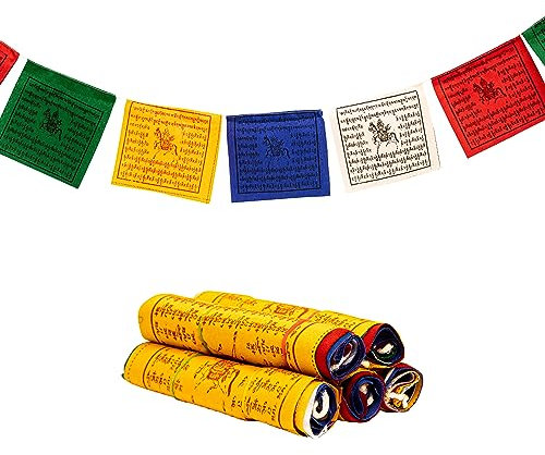Embrace the Spiritual Essence with 12cm x 12cm Tibetan Prayer Flags – a Set of 25 Flags in 5 Rolls for Positivity and Peace - Hand-Printed Cotton from Nepal.