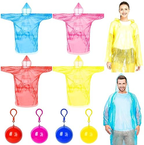 Zeuwets Poncho Pioggia Usa e Getta, 4 Pcs Poncho Ball Antipioggia, Impermeabile Palla Portatile di Emergenza, con Sfera di Stoccaggio, Cappotto da Pioggia con Cappuccio, per Festival Viaggi Concerti