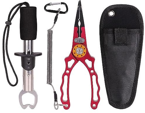 Fishing Pliers Set, Fishing Hook Remover Aluminum Fishing Plier, Fish Plier-Fish Gripper Multi Tool, Fish Clip Clamp Scissors Plier, Fish Control Device Knife Pliers with Safety Bag (Red)