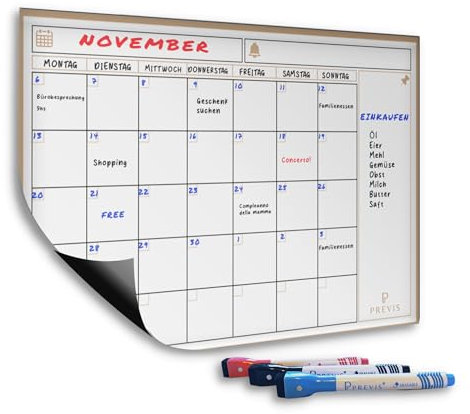 Previs Whiteboard Kalender A3 (40x30CM) mit 3 Löschbaren Markern - Magnet kalender - Kühlschrank Kalender - Monatsplaner Magnetisch - Magnet Kalender Kühlschrank - Monthly Planner