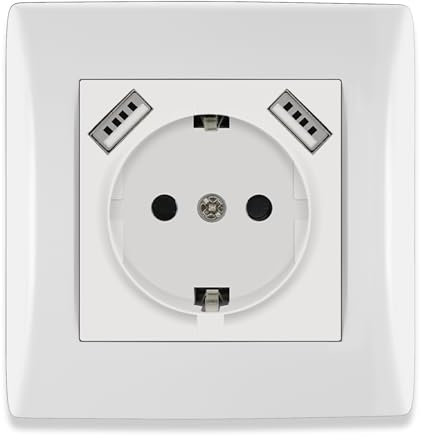 BSEED USB Steckdose Unterputz mit Steckklemme, Schuko Steckdose mit USB Anschluss 2.1A, Einbausteckdose Unterputz mit PC Rahmen, Schutzkontakt Wandsteckdose Weiß 16Amp für Handy, Pad usw.- 80mm