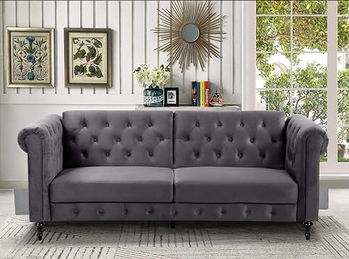 Velvet 3 Seater Sofa Bed Vintage Style, Sleep Factory's Chesterfield Bed Sofa Grey Plush Velvet Fabric with Buttoned Back Upholstery - 218cm x 87cm x 86cm