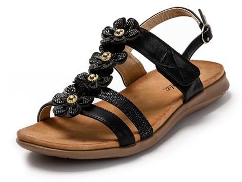 JOMIX Sandale Femme avec Fleurs Sandales Plates Femme Été élégantes Confortable pour Maison Plage (Noir, 40)