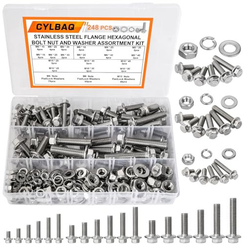 CYLBAQ 248PCS Flanged Hex Bolt and Nut Sets, M6 M8 M10 Flange Hexagon Screws Bolts Nuts, 304 Stainless Steel Nut and Bolt Washer Assortment Kit Set M6-1.0 M8-1.25 M10-1.5