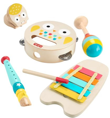 Fisher-Price Juego de instrumentos musicales para niños y niñas pequeños con instrumentos musicales de juguete, 6 piezas de madera para niños y niñas a partir de 2 años, HXT90