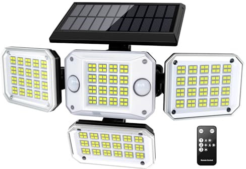 Solarlampen für Außen mit Bewegungsmelder - Doppelsensor 296 LED Solar Strahler 3500LM 7000K Solarleuchte 3 Modi mit Fernbedienung IP65 Wasserdicht Solar Aussenleuchte für Garage Hof Garten 1 PCS