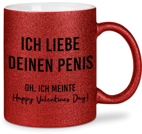 glitzertassen.de® | Ich liebe deinen Penis (Valentinstag) | Tasse mit Glitzer | Geschenkidee | Lustige Sprüche | Valentinstag | Kaffeebecher | Keramik | 330 ml | Rot