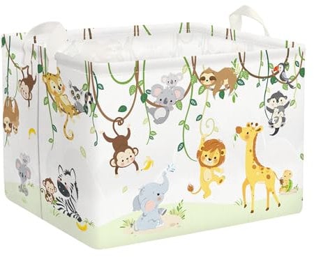 Clastyle Rebe Wildtiere Kinder Wäschekorb mit Henkel Faltbar Kleidung Spielzeug Aufbewahrungskorb Jungen Mädchen Aufbewahrungsbox für Babyzimmer Bad, Löwe Giraffen Elefant, 40*30*30 cm