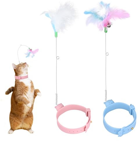 XIHIRCD 2 Stück Katzenhalsband Spielzeug, Katzen Stäbchen aus Silikonfedern mit Halsband und Glöckchen Interaktives Katzen Anziehspielzeug für das Katzenspieltraining im Innenbereich
