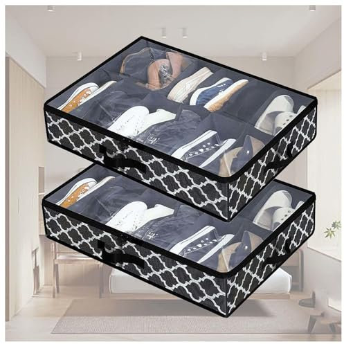 RYJYQYX Shoe Organizer Under Bed Foldable for Shoes Storage, Under the Bed Storage Bins with Clear Cover, Under Couch Storage For Shoes,Clothes,Boots,Toys,Bags,A-2Pcs