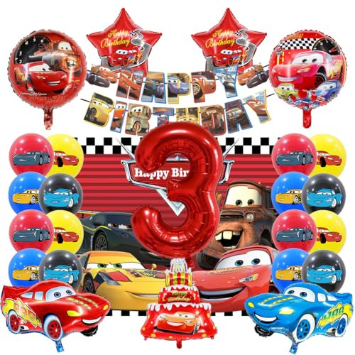 Cars Geburtstag Deko 3 Jahre, Kinder Auto Geburtstagsdeko, Auto Folienballondeko Jungen Mädchen, mit Kuchendekoration, Happy Birthday Banner und Auto Tischdecke für Kindergeburtstag Deko Party