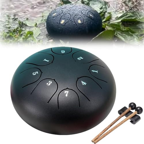 XIBHDN Rain Drum for Outside Garden, Beginner Handpan Drum Percussion, Handpan Steel Drum Instrument, Steel Tongue Drum Lotus Drum 6 Inches 8 Notes (Black)