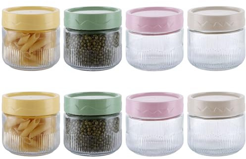 ZOFUN 8 Pcs Glass Jars with Lids, 250 ml/8.45 oz Overnight Oats Jars Airtight, Mutil Colours Overnight Oats Containers, Glass Mason Jars for Meal Prep, Spice, Jam, Yogurt, Food Storage