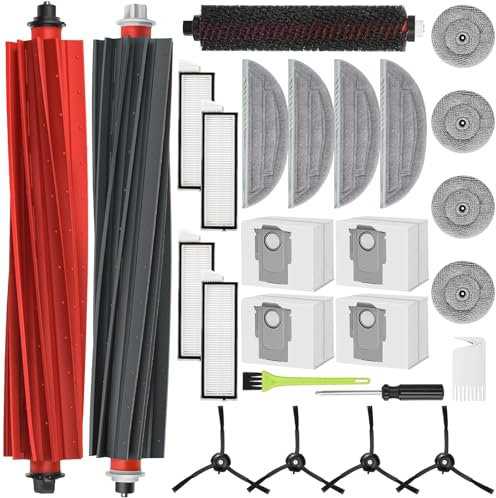 RUKHOOL Accessoire pour Roborock S8 MaxV Ultra / S8 Max Ultra Pièces de Rechange, 2 Brosse Principale, 4 Sacs à Poussière 4 Chiffons de Nettoyage 4 Filtres 4 Serpillères 4 Brosse Latérale