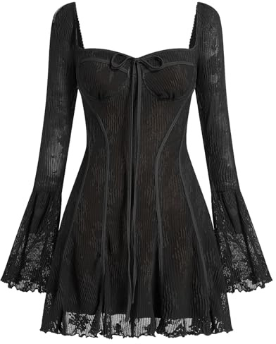 Odizli - Mini abito da donna elegante, a maniche lunghe, stile Y2K, per l’autunno, in pizzo, con corsetto, motivo floreale, per feste