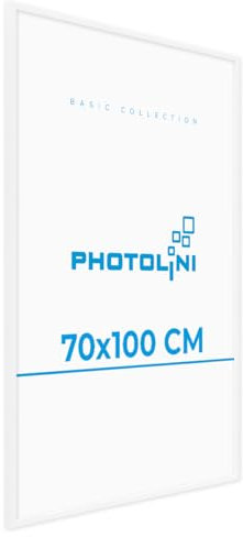 PHOTOLINI Bilderrahmen 70x100 Weiß MDF-Holz Poster-Rahmen groß 100x70 cm, bruchsicheres Acrylglas, zum Aufhängen, extra Zubehör - für Poster, Fotos & Puzzle