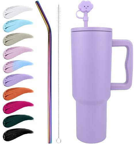 Disoza 40 OZ Morado Vasos con Tapa y Pajita Taza Termo Cafe Para Llevar Botella Termica Vaso Termico Taza Termica Termo con Pajita Vaso Con Pajita Termo Bebe Vaso Termo de Agua Fria