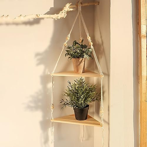Oriental riverkit Makramee Eckregal zum Aufhängen an der Wand, Schwebende Eckregale mit 2 Etagen Boho Wanddekoration, Rustikales Pflanzenregal aus Holz für Schlafzimmer, Wohnzimmer, Badezimmer (Weiß)