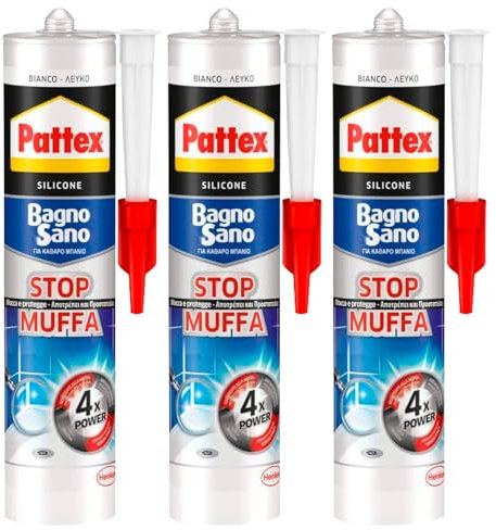 Pattex Bagno Sano Stop Muffa Silicone Bianco Sigillante per Sanitari Doccia e Lavandini Resiste a Muffe Acqua e Umidità - 3 Flaconi da 300ml
