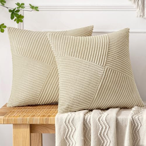 MIULEE Kissenbezug 45x45 Beige Kordsamt 2er Set Kissenbezüge Zierkissenbezug Kissenhülle Sofakissen Dekokissen Streifen Muster Patchwork Design für Wohnzimmer