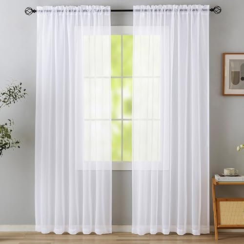 sinzau Gardine aus Voile, 120 X 140 cm, Transparente Gardine Polyester, Weiß Scheibengardine, mit Kräuselband, für Wohnzimmer Schlafzimmer, 2 Stücke