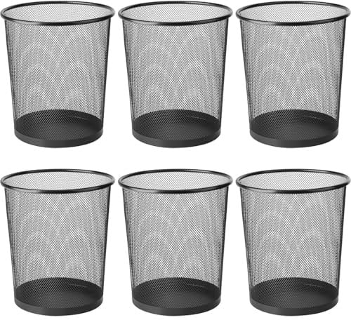 6 Pack Waste Paper Bins, Lightweight Circular Finest Black Mesh Waste Basket, Metal Trash Bin for Kitchens, Home Offices, Dorm Rooms, Living Rooms & Bedrooms (6)