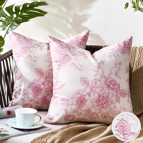 Kissenbezüge Outdoor Kissenbezug Leinen Zierkissenbezug Rosa Blumen Sofakissen Quadrat Kissen Frühling Sommer Kopfkissenbezug mit Unsichtbarem Reißverschluß für Schlafzimmer Wohnzimmer Garten 40X40