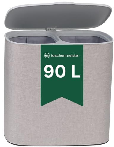90L Design Wäschesammler mit aufklappbaren Deckel und hochwertiger Optik - 2 separate Fächer mit herausnehmbaren Baumwollbeuteln mit Griffen - platzsparend, atmungsaktiv & modernes Design