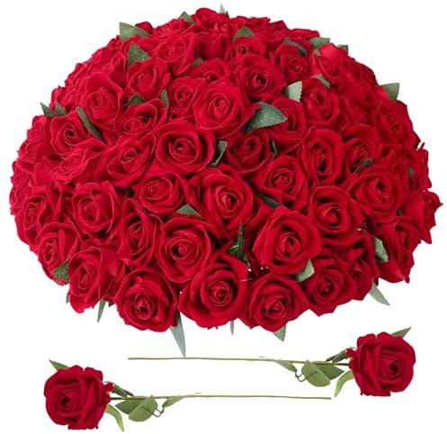 Ovveroche 90 rose artificiali in velluto rosso con steli lunghi, rose finte in seta realistica al tatto, per San Valentino, fai da te, bouquet di nozze, decorazioni per feste
