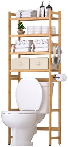 YORBAY Estantería para Inodoro con 2 Cestas 4 Niveles de Bambú para el Inodoro con Soporte para Papel y 4 Ganchos y Almohadillas Impermeables para los pies, Independiente sobre el Inodoro (Bambú)