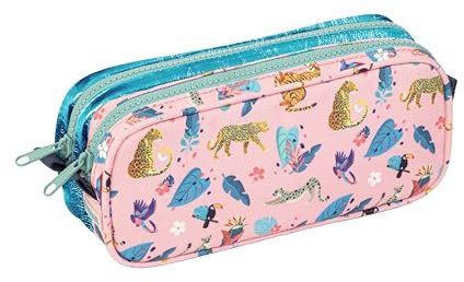 Viquel - Trousse Scolaire 2 Compartiments Exotic – Trousse de Rangement Pratique, pour stylos et Crayons – Idéale pour l'école et Les Loisirs - Trousse Grande capacité Fermeture Zip - Rose