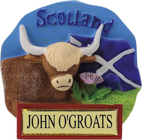 I LUV LTD John o'Groats Scotland Fridge Magnet - Scottish Saltire Flag, Highland Cow with Horns