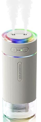 WSKEN Portable Small Humidifier for Bedroom - [Dual Nozzle Large Cool Mist] [Ambiance Lighting] [Car Smart On/Off] Ultrasonic Mini Personal Desk Air Humidifiers for Travel Office Baby Room,White