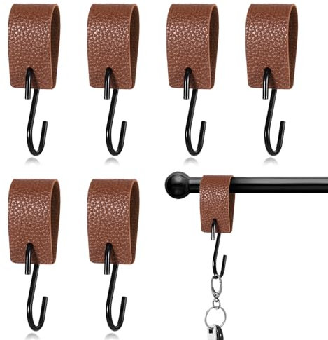 ROOMHUAWAY 6 Stück S Haken mit Lederschlaufe, Kleiderstange Garderobenhaken Kleiderhaken AufhäNgehaken, Leder Fleischerhaken (Gelb-braun)