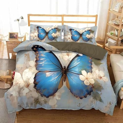 CEDNXOER Bettwäsche 135x200cm,Blauer Schmetterling Bettbezug Set 2teilig, Retro Wings Wendebettwäsche und 1 Kissenbezug 80x80cm, Warm Mikrofaser Bettwäsche-Sets mit Reißverschluss