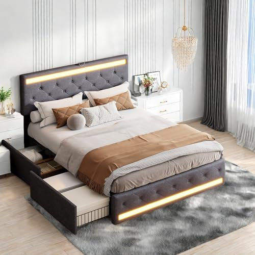 SHAODENG Bett 180x200 cm mit USB-Aufladen und LED Beleuchtung, Polsterbett Doppelbett mit Lattenrost, Stauraumbett mit 4 Schubladen, Funktionsbett Rückenlehne, Linen, Grau, Ohne Matratze
