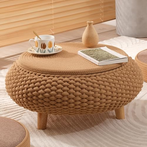 Nordivo Runder Couchtisch aus Massivholz mit verstecktem Stauraum, Handgewebter Wohnzimmertisch mit Holzfuß, Kleiner Boden-Tee-Tisch für Schlafzimmer oder Bauernhaus(Brown,60cm/23.6in-1)