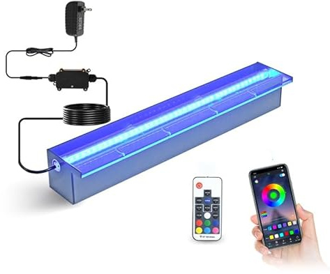 OFXHKYV LED Wasserfall mit APP Steuerung, Edelstahl Poolleuchte 16+ Million Farben, IP68 Wasserdicht für Schwimmbad, Teich, Springbrunnen, Gartenbeleuchtung, Mehrfarbig, Musikmodus (RGB-8W-60m)