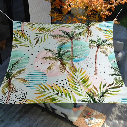 Surwin Rechteckig Sonnensegel, Sonnensegel Wasserdicht - ohne Bohren, Kokosnussbaum Druck Balkon Sonnenschutz UV Schutz, für Outdoor Garten Terrasse Camping (Meeresküste,1.5x1.5m)