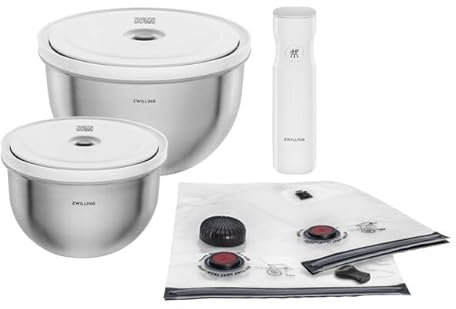 ZWILLING Fresh & Save BOWLS - Juego de iniciación al vacío (9 piezas, cuenco de acero inoxidable, 18 cm, L-24 cm, bolsa, bomba)