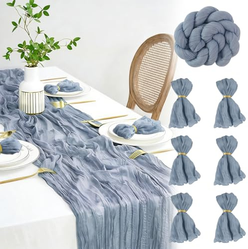 FALSKT Käsetuch Tischläufer Graublau 300×90cm Musselin Tischläufer Boho | Tischläufer Modern Läufer Tisch für Hochzeitsdeko Tischdeko Geburtstag Party Küche, 6PCS Servietten, 6PCS Serviettenringe