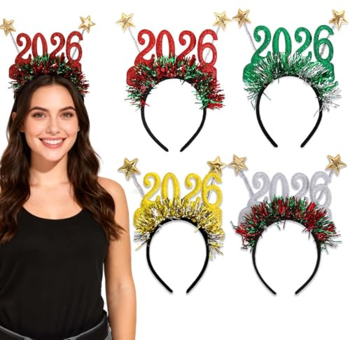 WELLXUNK 4 Stück Silvester Haarreif 2026, Happy New Year Haarreif Mädchen Frauen Haarschmuck Neujahr Glitzer Haarband mit Sterne Lametta, Happy New Year Deko Kopfbedeckung Fotorequisiten