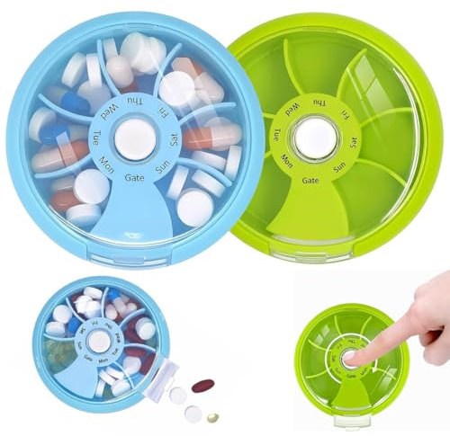 JYNXOR 2 Pcs Pastillero Semanal 1 Toma, Pastillero Viaje Pequeño, Pastillero Giratorio De 7 Días, Pastilleros Portátil y Redond, Pastillas Organizador Para Almacenamiento De Medicamentos y Vitaminas