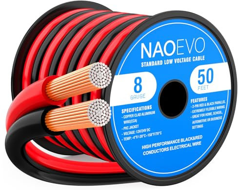 NAOEVO Cable eléctrico de calibre 8 de 50 pies, cable eléctrico de 2 conductores, cable eléctrico rojo y negro, flexible/bajo voltaje/PVC 8 AWG, cable de extensión de aluminio recubierto de cobre para