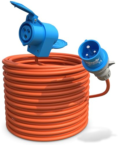 Poppstar Camping CEE Kabel 25m mit Schuko (CEE Stecker 3-polig auf CEE-Dose + Schutzkontakt-Steckdose Typ F), 230V/16A, IP44, H07RN-F 3G2.5
