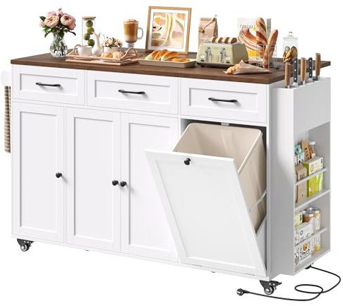 FirFurd Mobile Kitchen Island on Wheels w/Trash Bin Cabinet & Power Outlet | Kitchen Trolley with Empty Block & Spice Rack, Freestanding Kitchen Cart with Foldable Worktop and Drawers 135x40x88cm