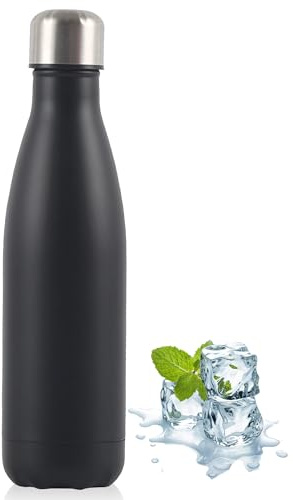 Stainless Steel Insulated Water Bottle 500ml, Double Wall Vacuum Flask – Keeps Drinks Cold 24H, Hot 12H, Leakproof, for Outdoor, Sports, Camping, Gym(Black)