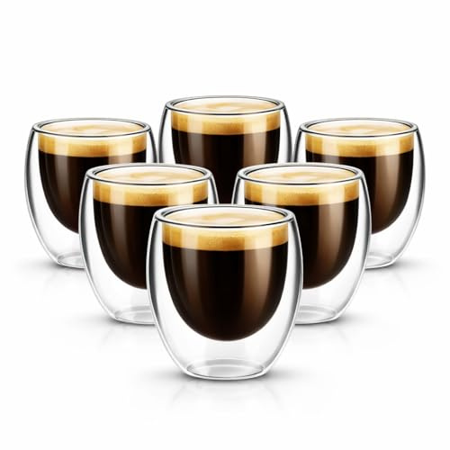 DSYZWEE Espressogläser 80 ml, 6er Set doppelwandig aus Borosilikatglas, Thermoglas isoliert & hitzebeständig, Espressotassen Glas ohne Griff für Cappuccino & Mokka, spülmaschinengeeignet